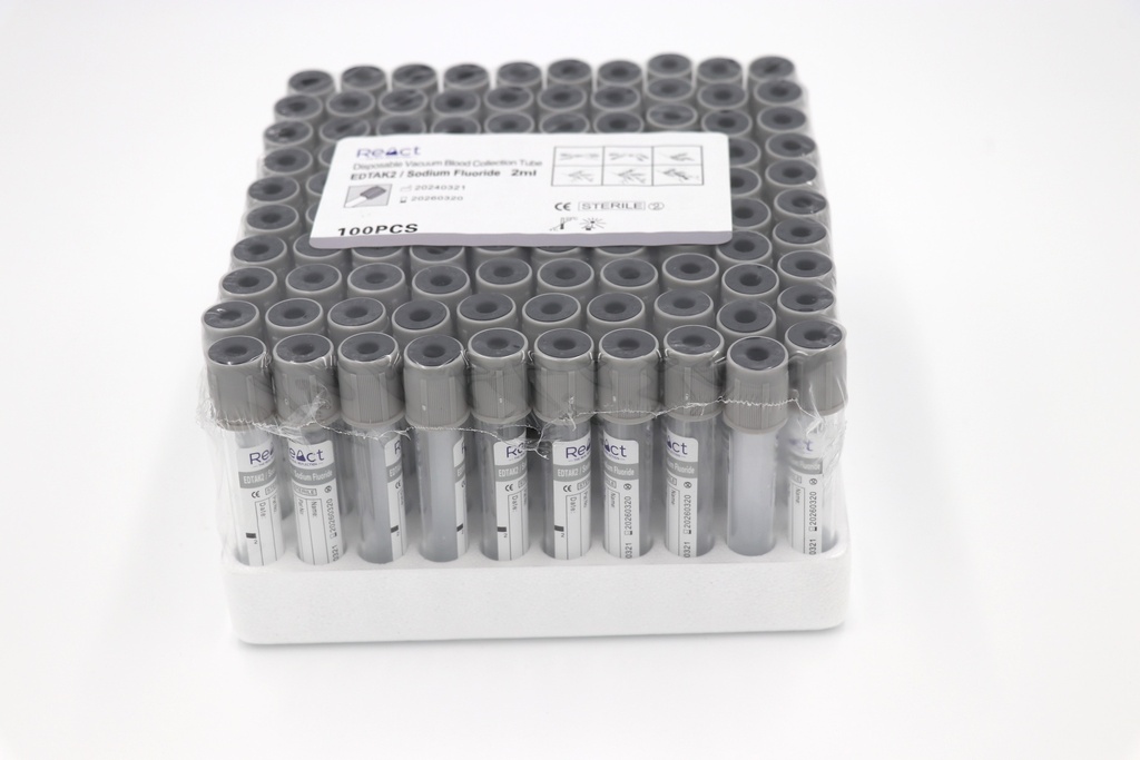 React Vacutainer Blood Collection PET Tube Sodium Fluoride+Pottasium Oxalate EDTA K2 2ml 13x75mm (100s/Pkt)