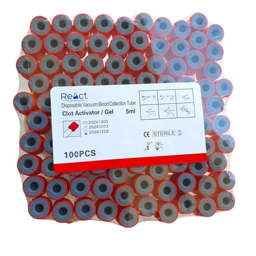 React Vacutainer Blood Collection Tube Gel+Clot Activator 5ML RED - 13X100mm (100s / pkt)