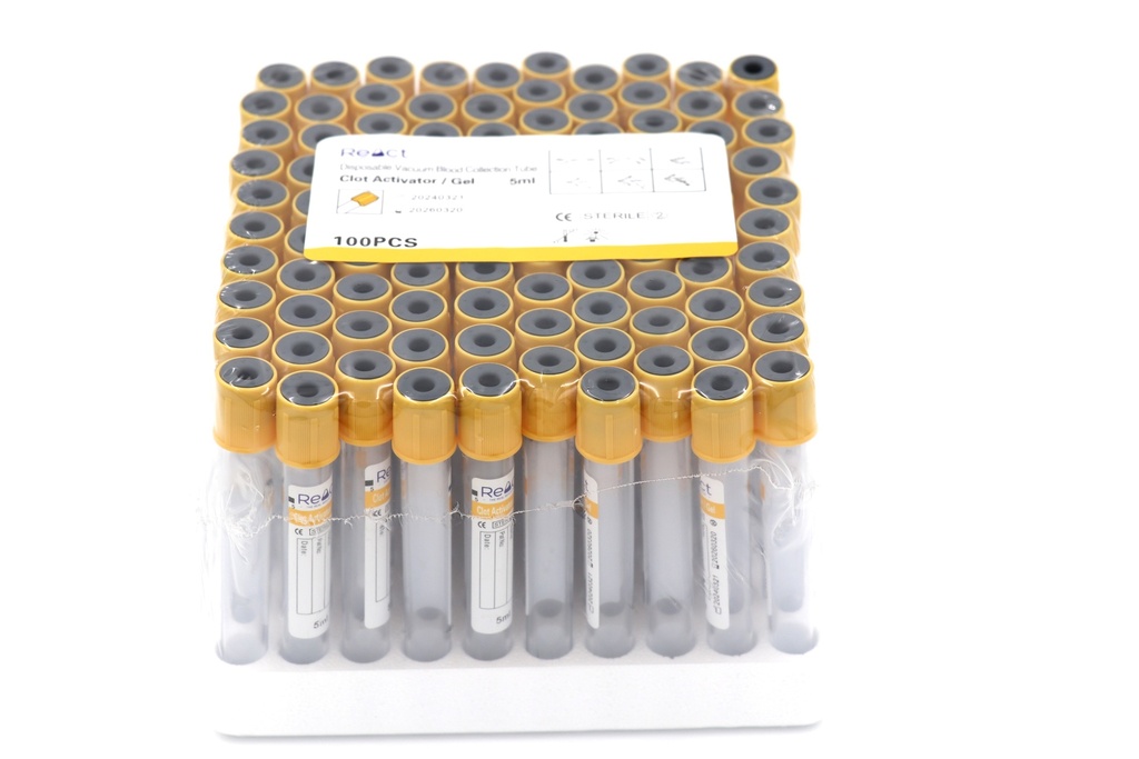 React Vacutainer Blood Collection Tube Gel+Clot Activator 5ML YELLOW - 13X100mm (100s/pkt)