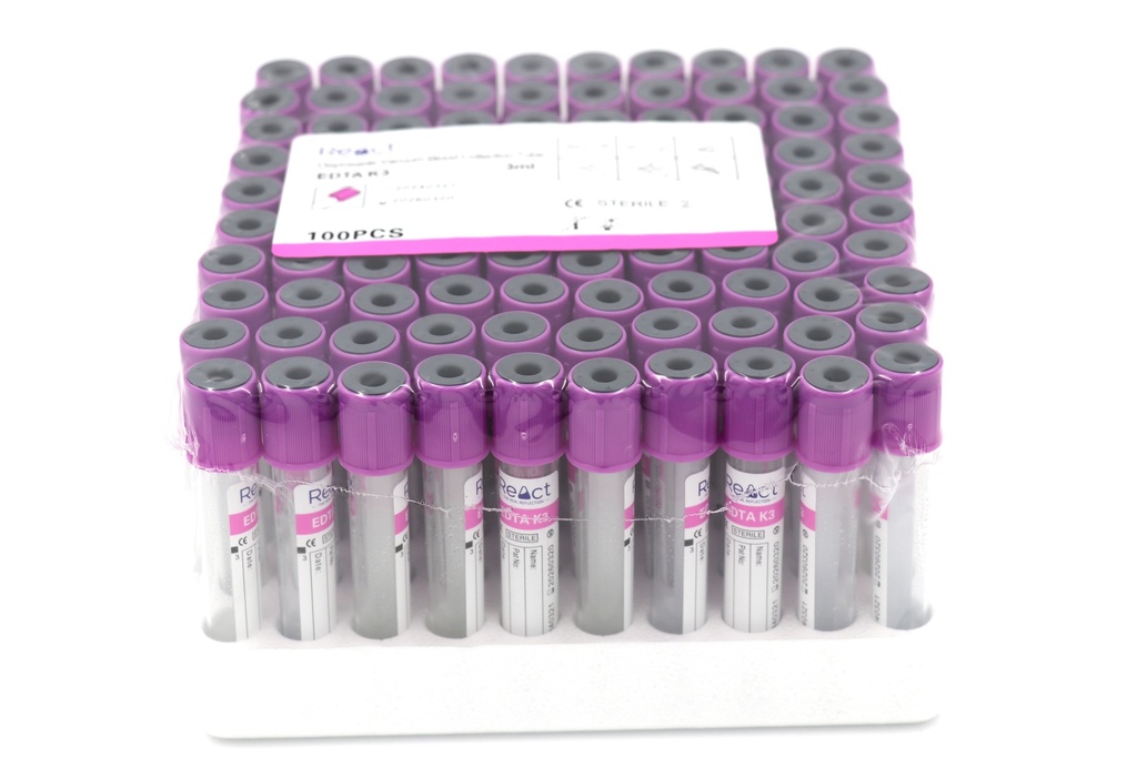 React Vacutainer Blood Collection Tube EDTA K3 3ML PURPLE - 13X75mm (100s/pkt)
